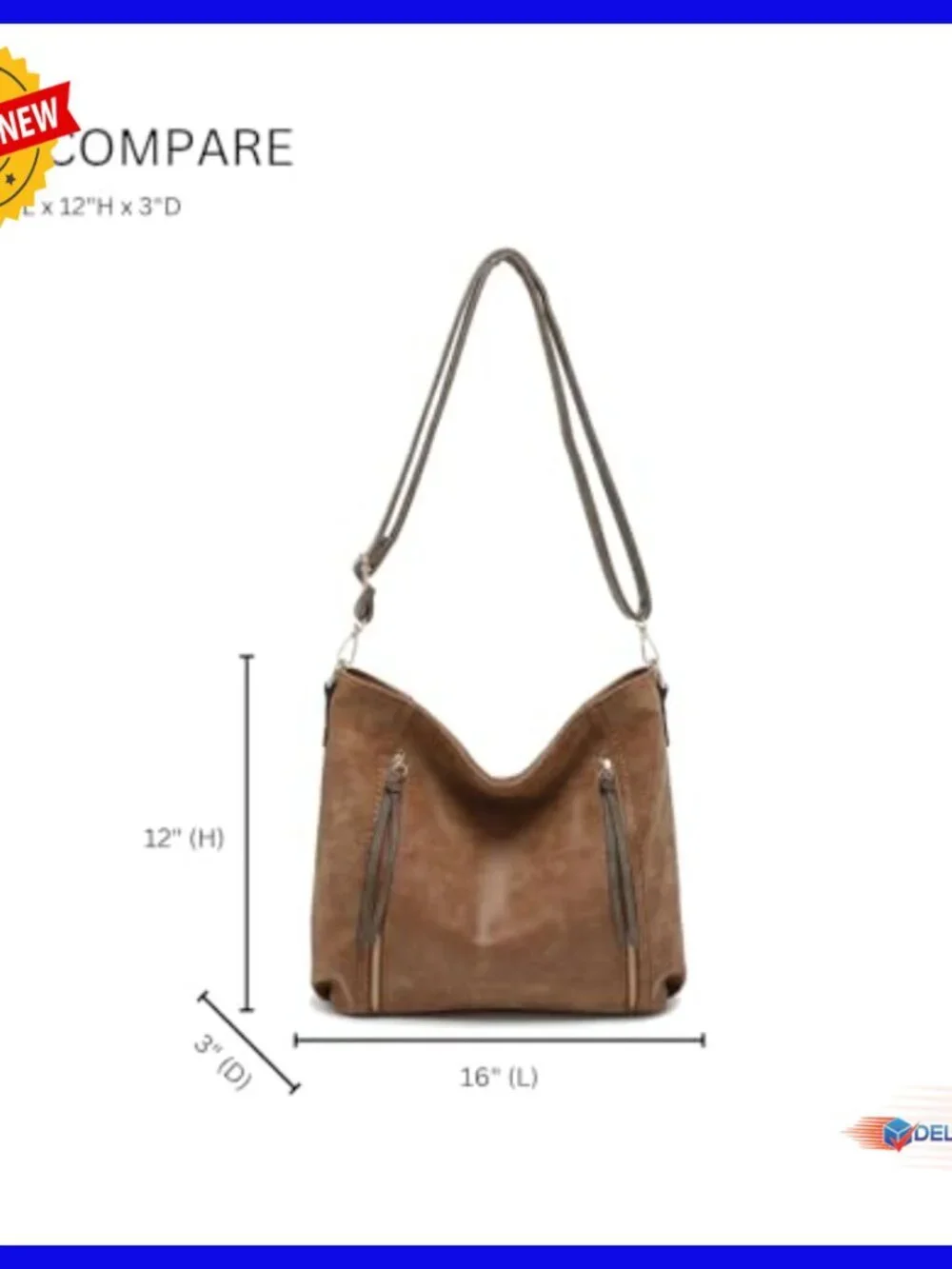 Vegan Leather Hobo Bag 3 Compartments Crossbody Shoulder Purse Work Travel